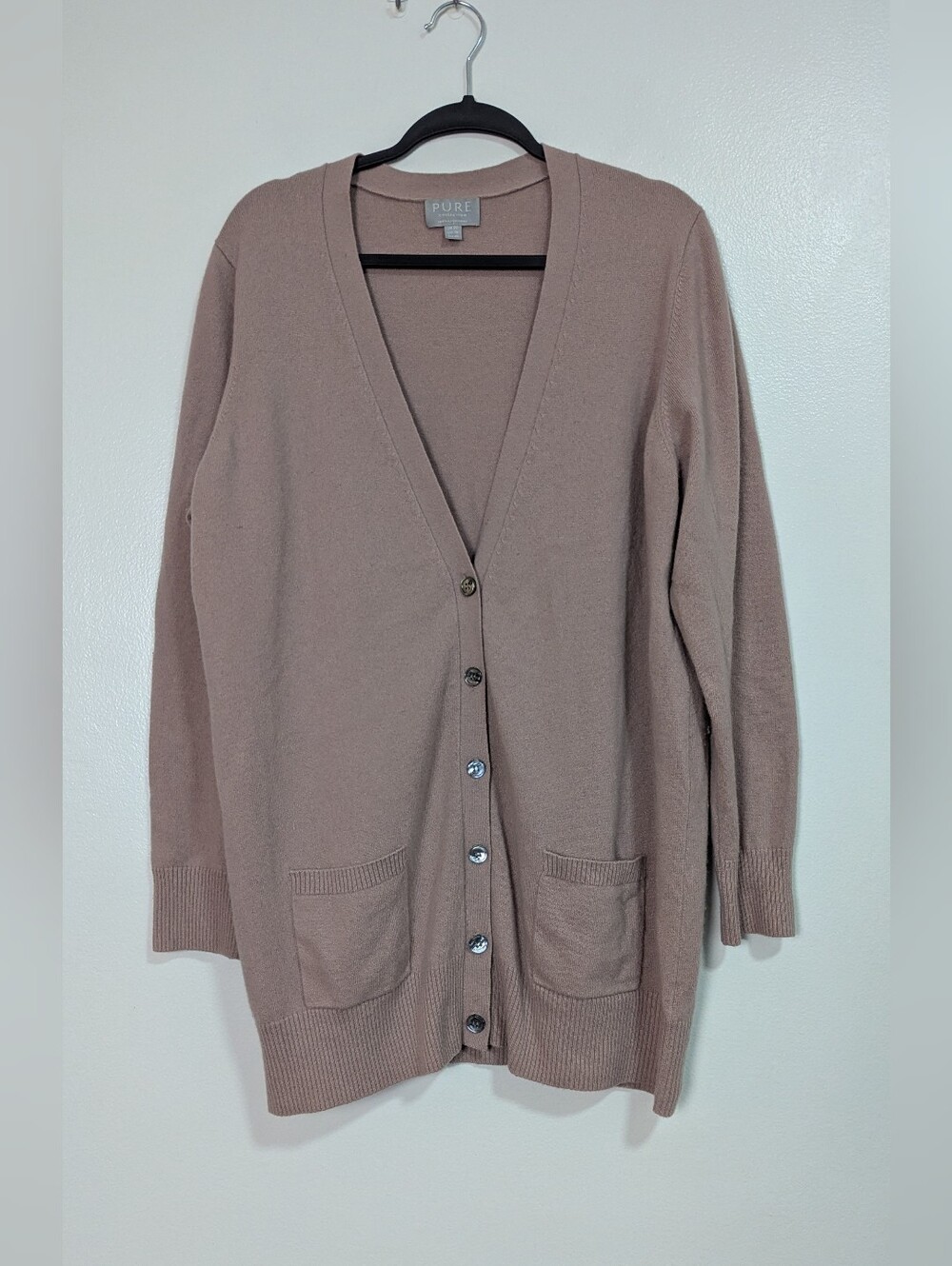 Pure Collection Size 18 Taupe 100% Cashmere Longline V-Neck Cardigan